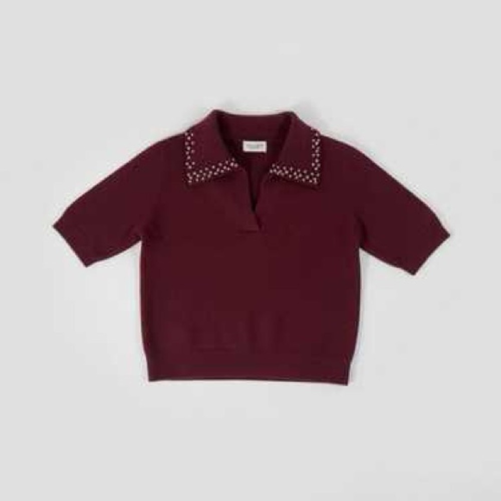 NWT Song of Style By Aimee Song Burgundy Knit Crop Top Studded Collar Designer